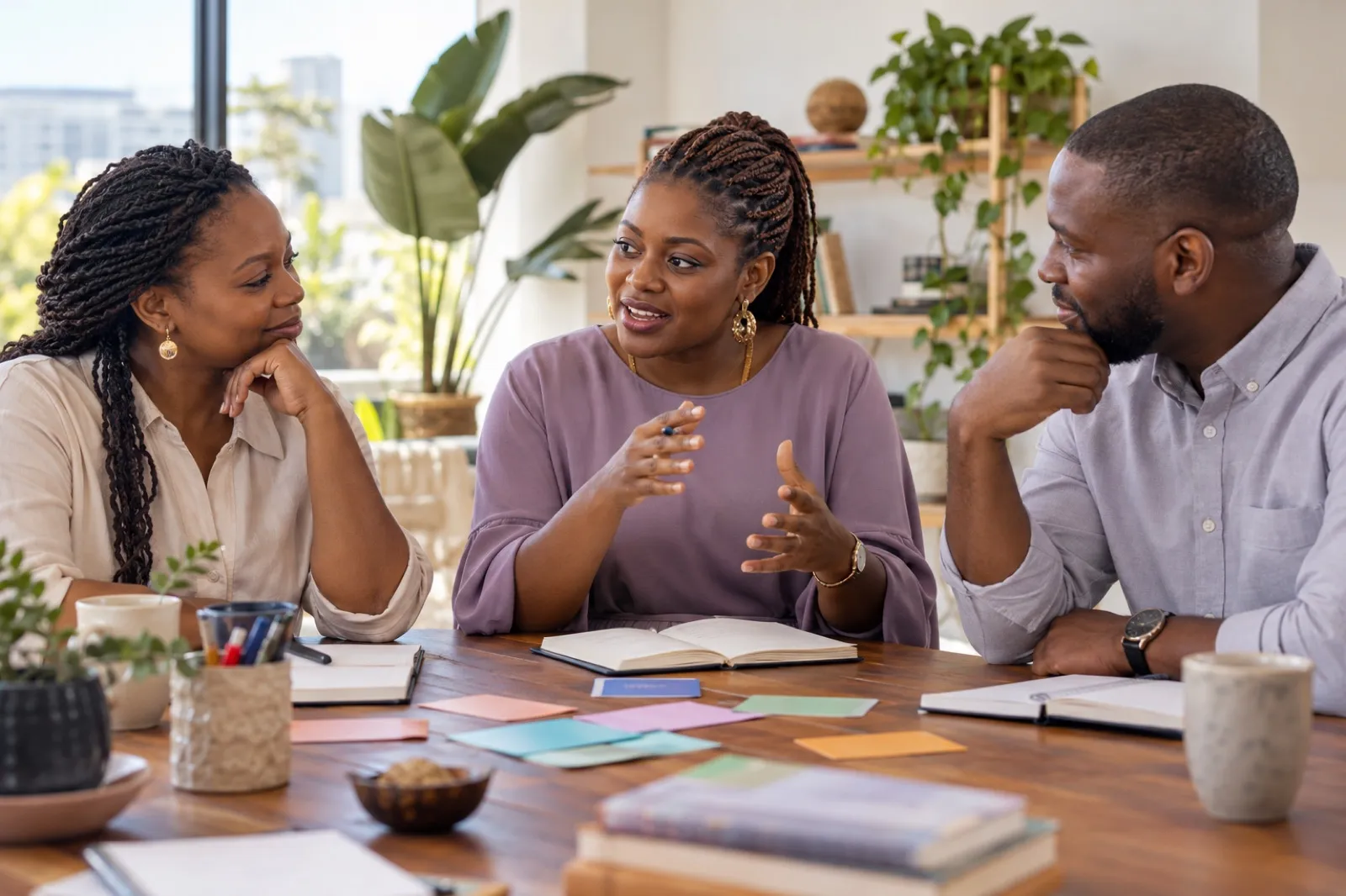 Three parents in conversation around a table with notebooks